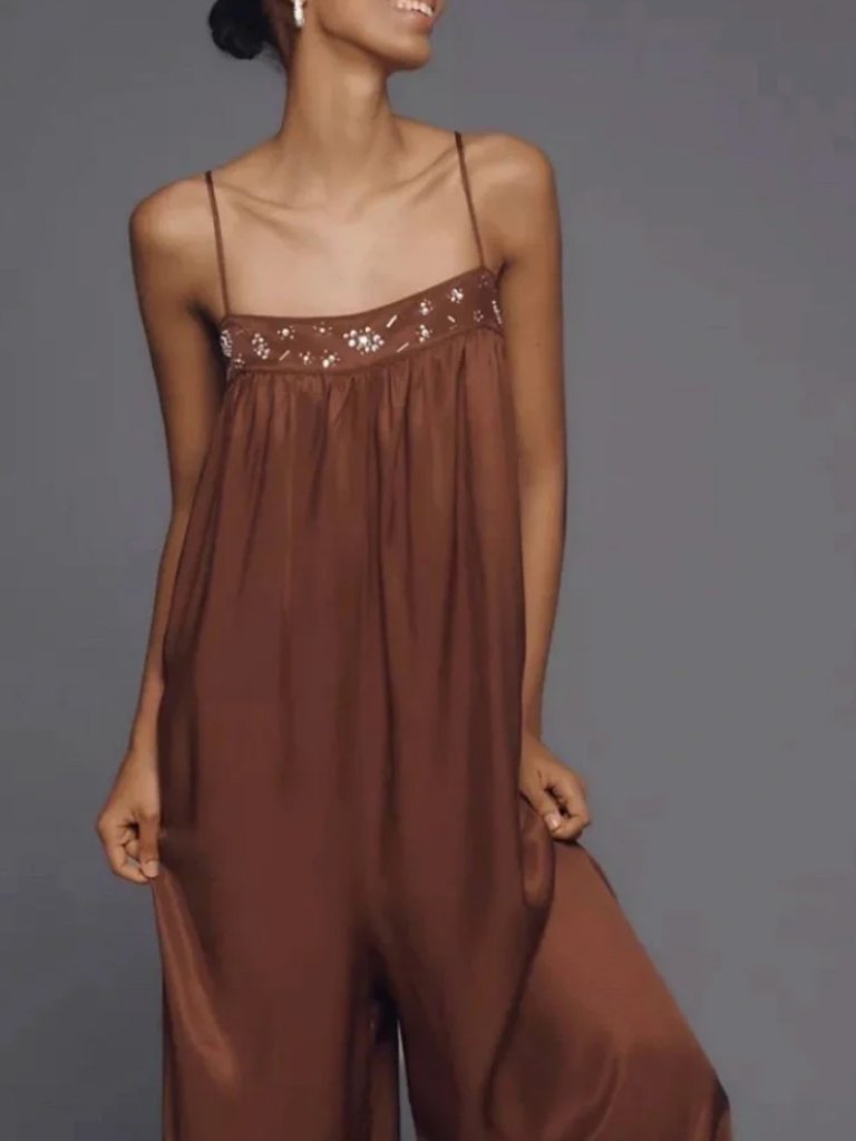 Anthropology Brown Embellished Wide-Leg Jumpsuit